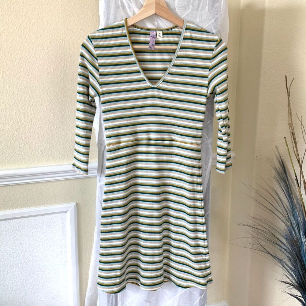 Ribbed 3/4 Sleeve Retro Multi-Colored Transitional Season Dress